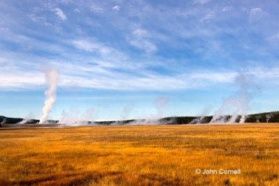 Blue-Sky;Scenic;Steam;Yellowstone-National-Park;geyser-activity;subthermal-activ