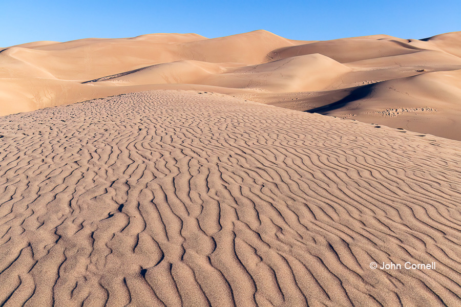 Blue Sky;Colorado;Desert;Dunes;Erosion;Greater Sand Dunes National Park;Landscape;Sand;abstract;csenic;mountaind;sculptured terrain;wind blown